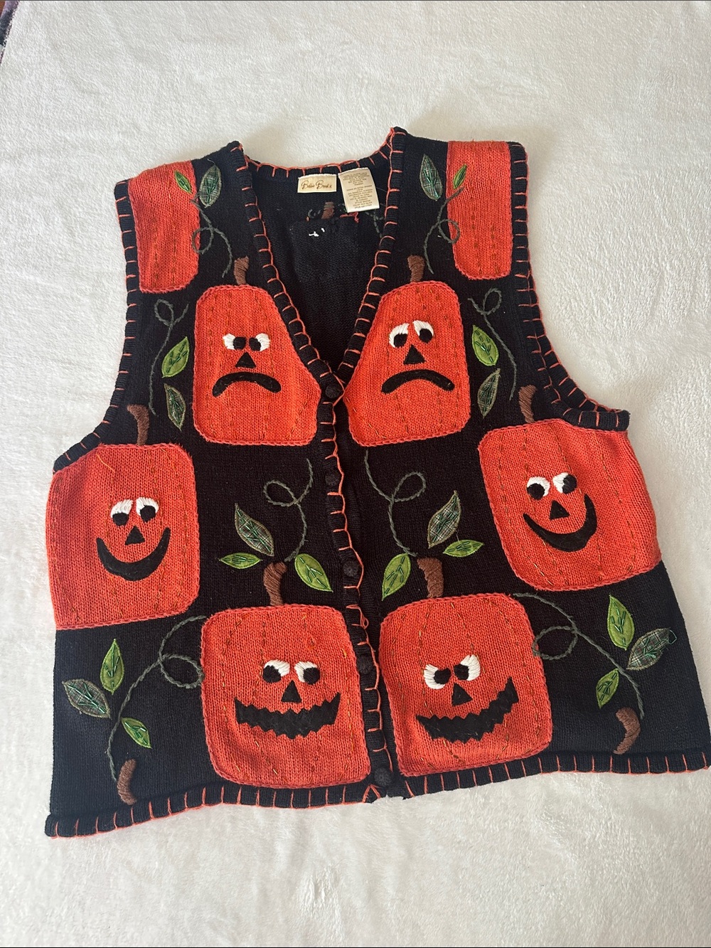 Vintage Bobbie Brooks Halloween Whimsical Pumpkins Sweater Vest Jack O' Lanterns